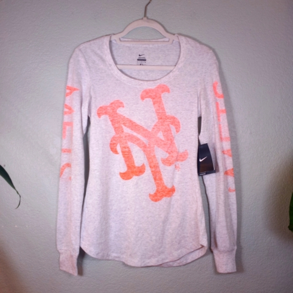 Nike MLB NY Mets White Heat Orange Logo Long Sleeve Scoop Neck Comfy NWT T Shirt
